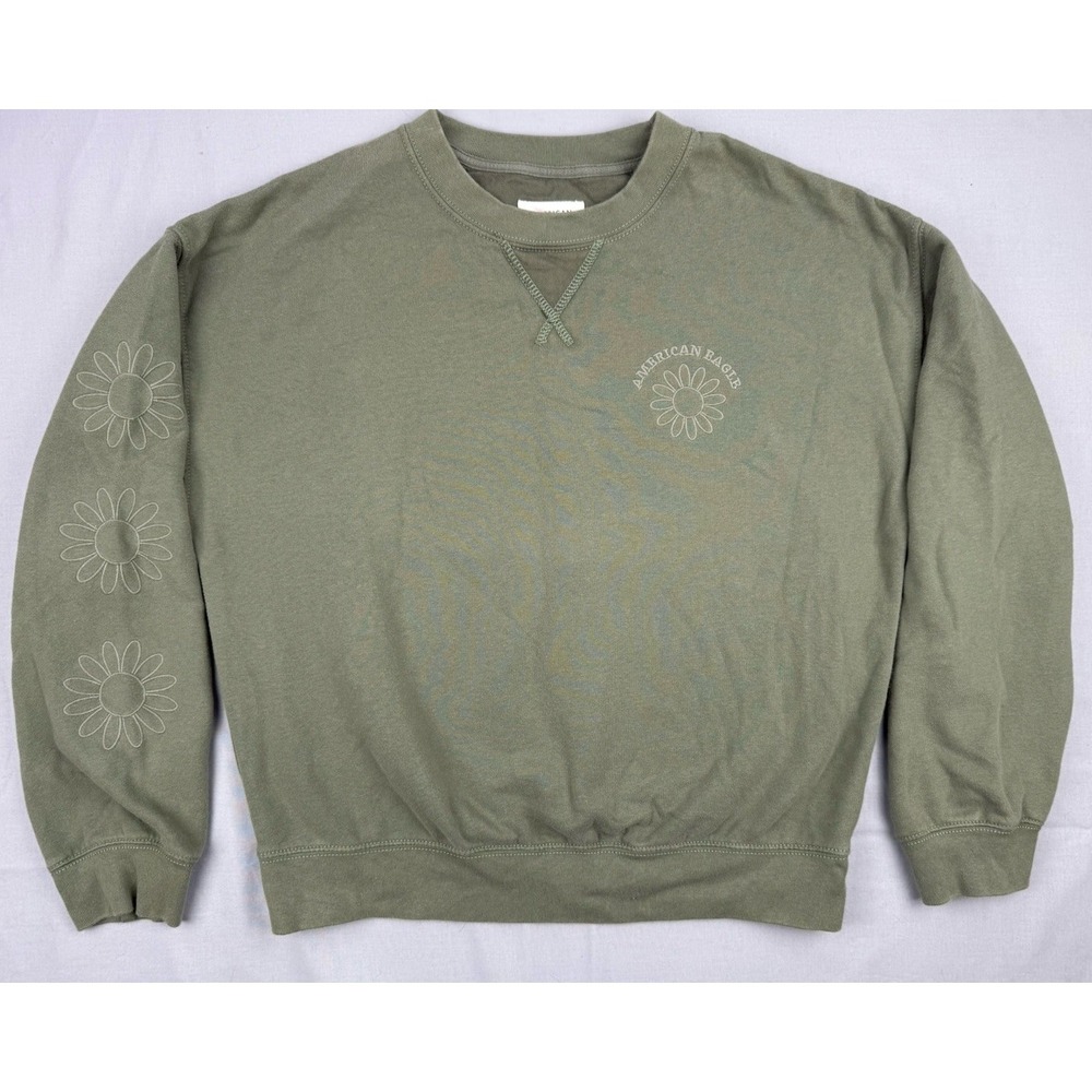 American Eagle Daisy Sweatshirt Green Embroidered Sleeve Cozy XS
